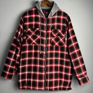North 15 Men's Heavy Fleece Lined Sherpa Hoodie Size L Plaid Flannel Jacket Hood